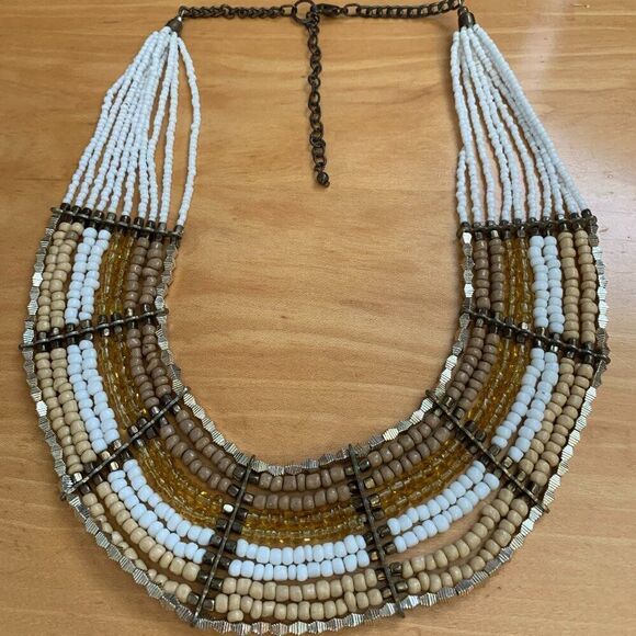 Multi-Color Beaded Necklace, Tan, Brown, Off White - Picture 1 of 3